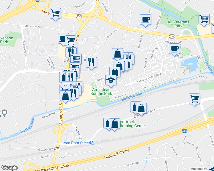 map of restaurants, bars, coffee shops, grocery stores, and more near 477 Cameron Station Boulevard in Alexandria