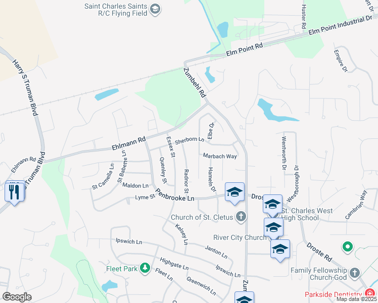 map of restaurants, bars, coffee shops, grocery stores, and more near 2771 Sherborn Lane in Saint Charles