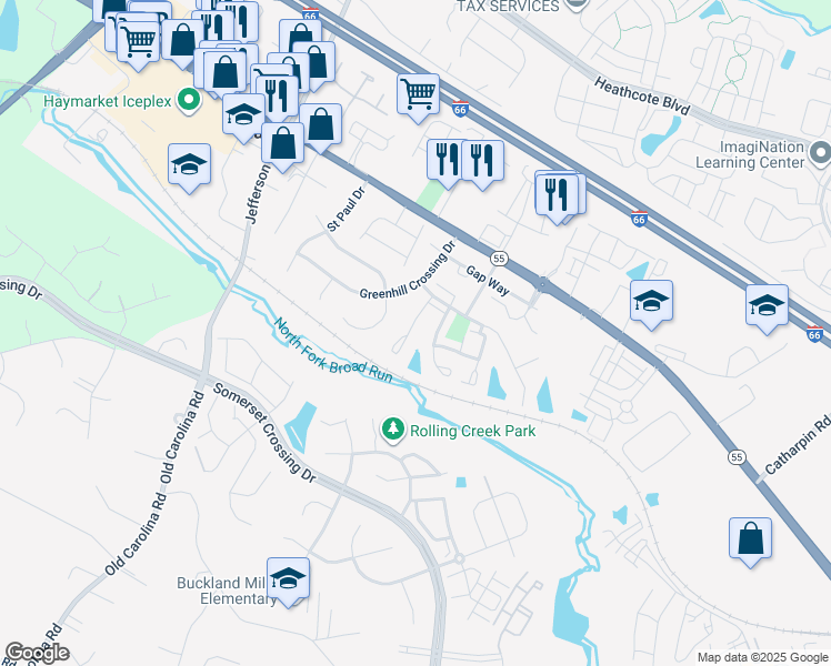 map of restaurants, bars, coffee shops, grocery stores, and more near 6985 Manahoac Place in Gainesville