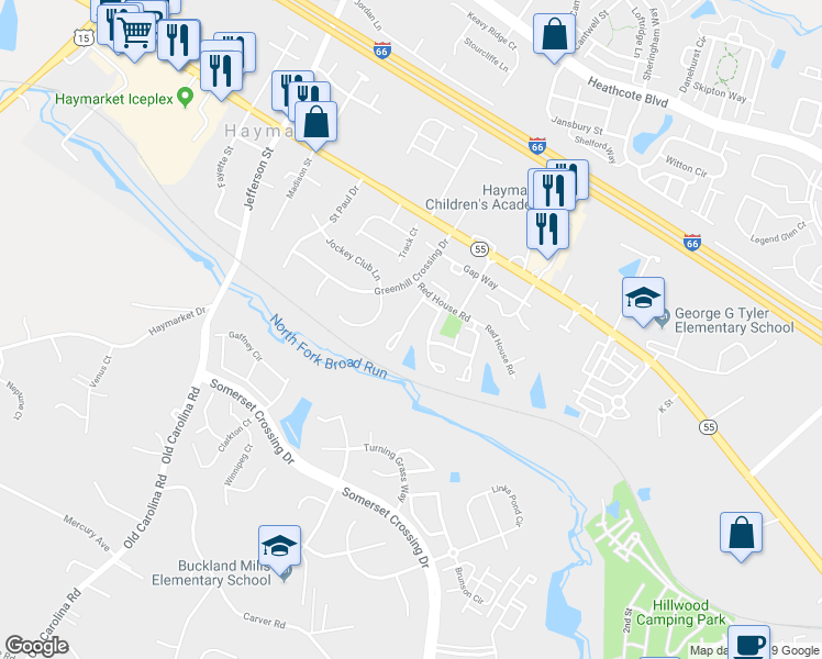 map of restaurants, bars, coffee shops, grocery stores, and more near 6985 Manahoac Place in Gainesville