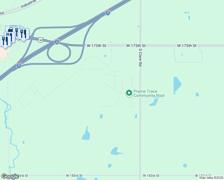 map of restaurants, bars, coffee shops, grocery stores, and more near 17727 Clare Road in Gardner
