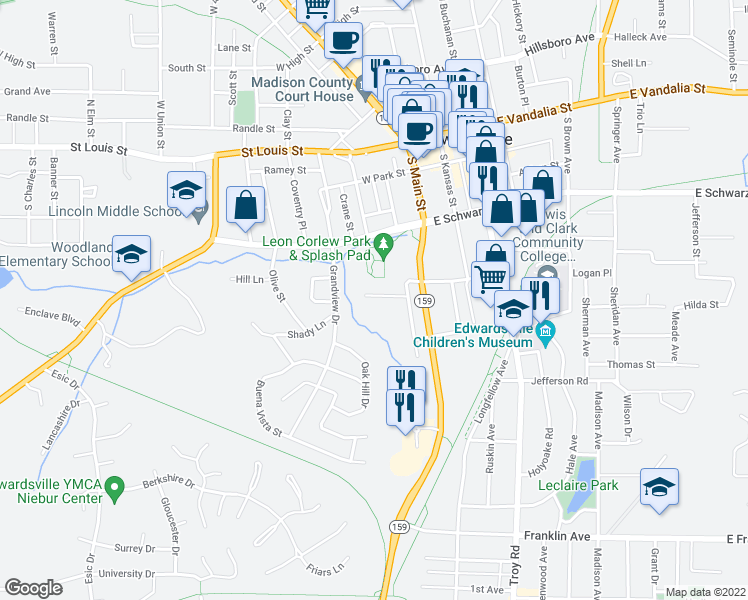 map of restaurants, bars, coffee shops, grocery stores, and more near 316 West Linden Street in Edwardsville