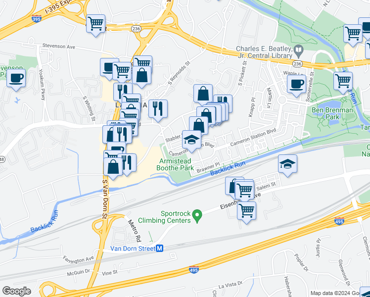 map of restaurants, bars, coffee shops, grocery stores, and more near 477 Cameron Station Boulevard in Alexandria