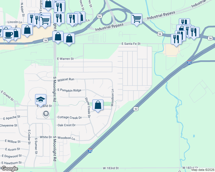 map of restaurants, bars, coffee shops, grocery stores, and more near 1057 East Wildcat Run Street in Gardner