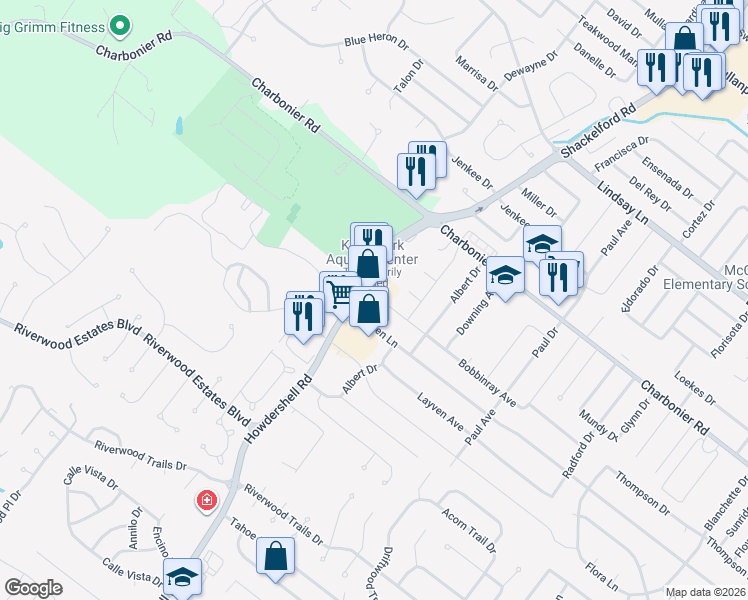 map of restaurants, bars, coffee shops, grocery stores, and more near 350 Howdershell Road in Florissant