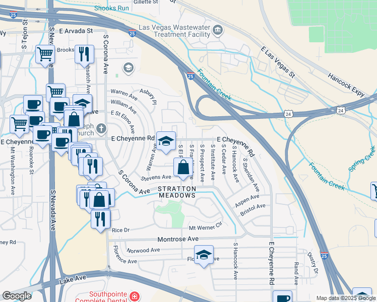 map of restaurants, bars, coffee shops, grocery stores, and more near 1903 South El Paso Avenue in Colorado Springs