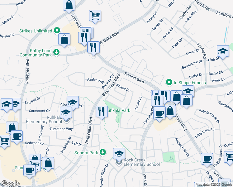 map of restaurants, bars, coffee shops, grocery stores, and more near 6248 Arctic Loon Way in Rocklin