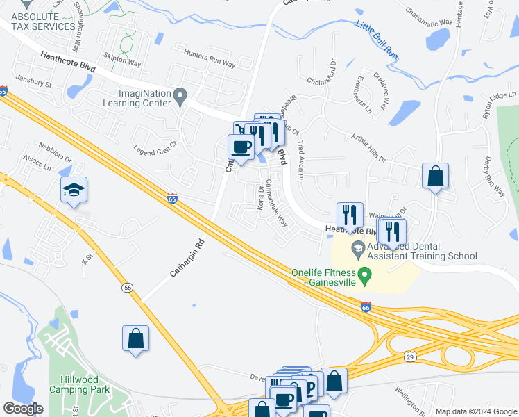 map of restaurants, bars, coffee shops, grocery stores, and more near 7093 Kona Drive in Gainesville