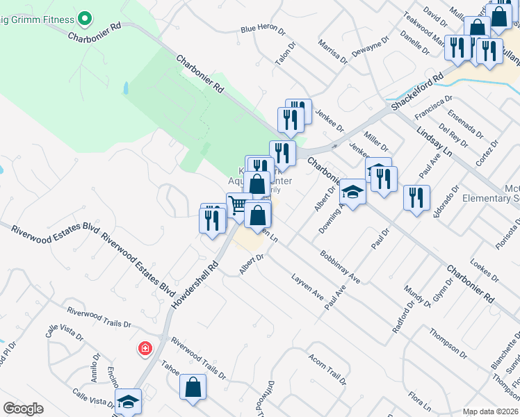 map of restaurants, bars, coffee shops, grocery stores, and more near 350 Howdershell Road in Florissant