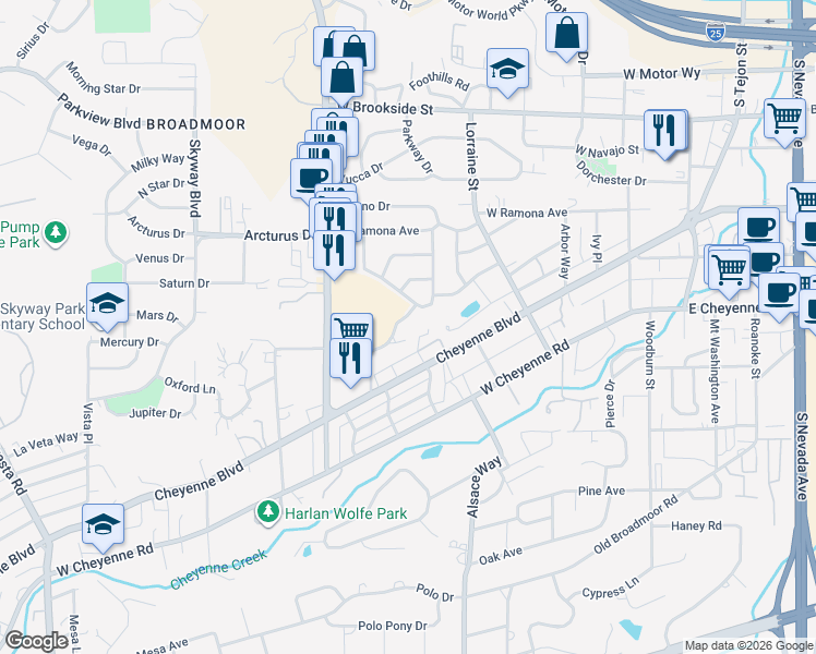 map of restaurants, bars, coffee shops, grocery stores, and more near 202 Beaver Court in Colorado Springs