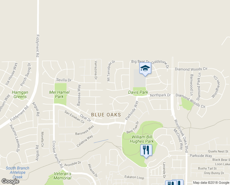 map of restaurants, bars, coffee shops, grocery stores, and more near 101 Mount Baldy Court in Roseville