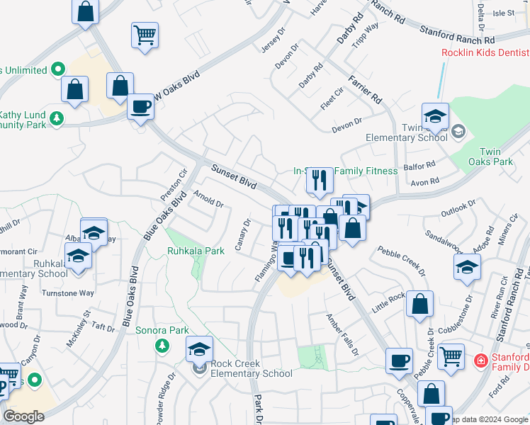 map of restaurants, bars, coffee shops, grocery stores, and more near 2201 Sammy Way in Rocklin