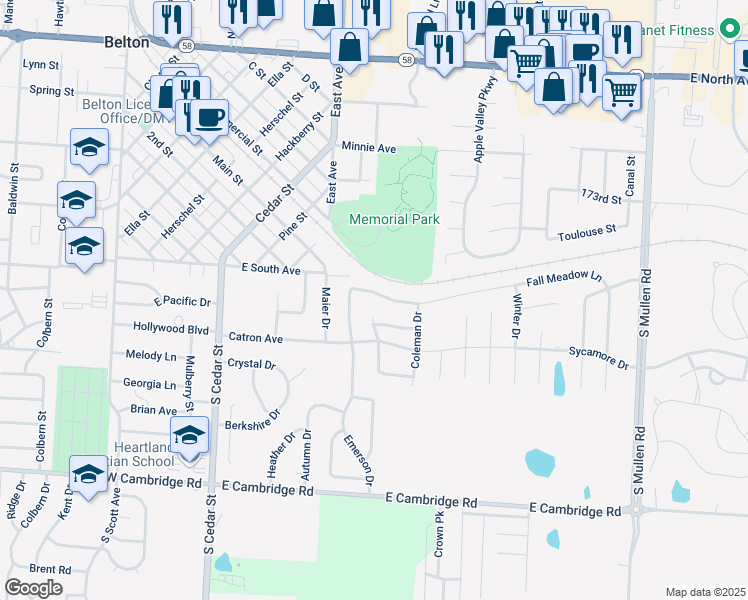map of restaurants, bars, coffee shops, grocery stores, and more near 507 Fall Meadow Lane in Belton