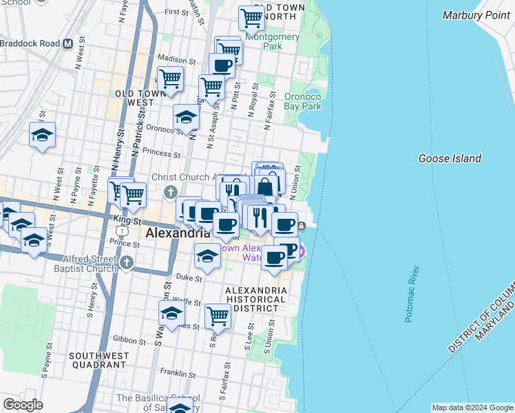 map of restaurants, bars, coffee shops, grocery stores, and more near 209 North Fairfax Street in Alexandria