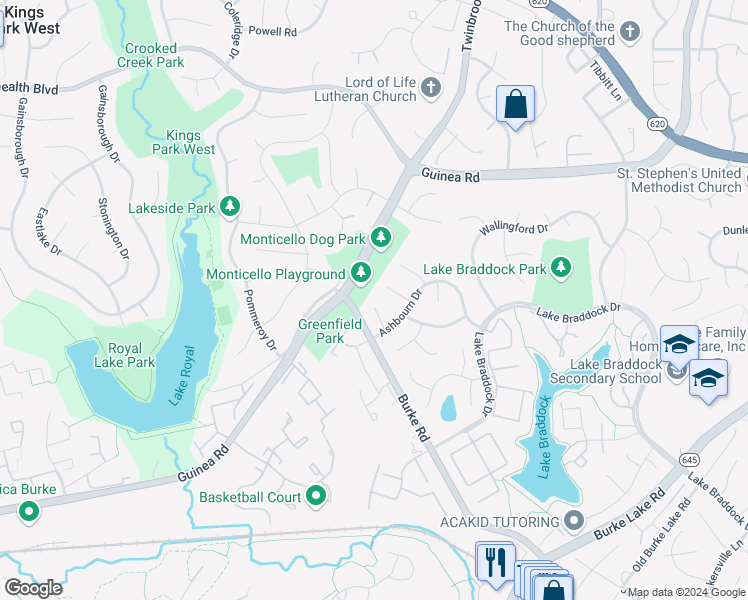 map of restaurants, bars, coffee shops, grocery stores, and more near 5301 Crown Point Road in Burke