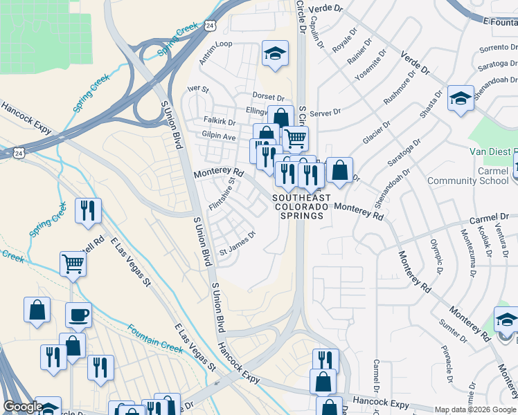 map of restaurants, bars, coffee shops, grocery stores, and more near 1647 Monterey Road in Colorado Springs