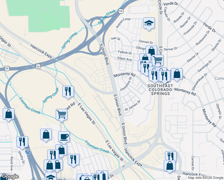 map of restaurants, bars, coffee shops, grocery stores, and more near 1834 Final View Alley in Colorado Springs