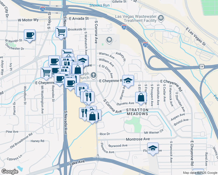 map of restaurants, bars, coffee shops, grocery stores, and more near 604 East Saint Elmo Avenue in Colorado Springs