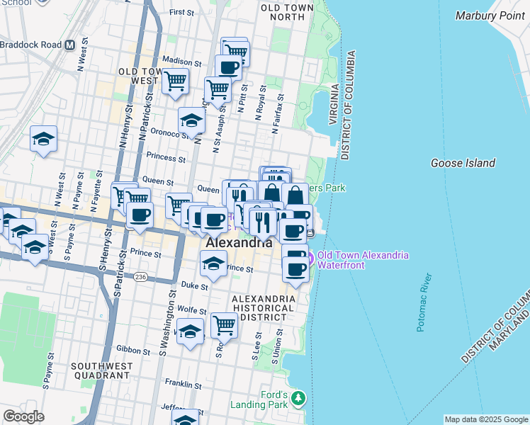 map of restaurants, bars, coffee shops, grocery stores, and more near 209 North Fairfax Street in Alexandria