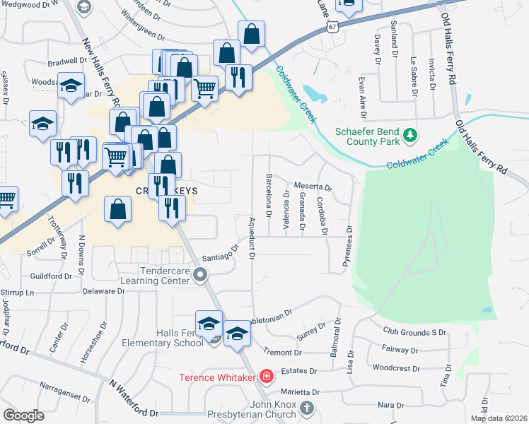 map of restaurants, bars, coffee shops, grocery stores, and more near 2080 Barcelona Drive in Florissant