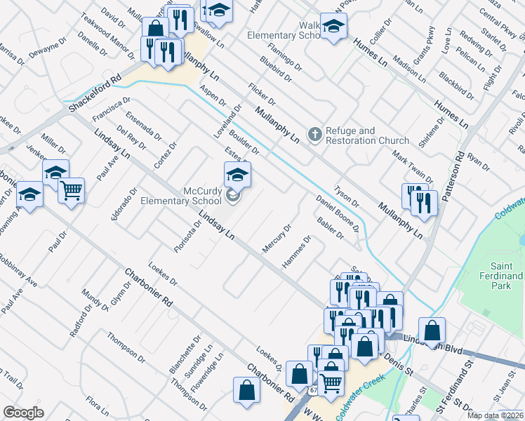 map of restaurants, bars, coffee shops, grocery stores, and more near 31 Mary Ann Court in Florissant