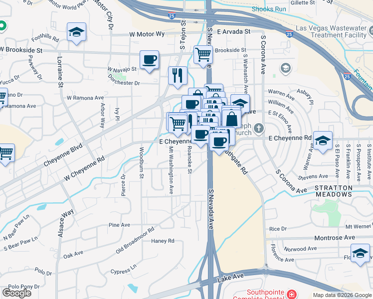 map of restaurants, bars, coffee shops, grocery stores, and more near 1914 Roanoke Street in Colorado Springs