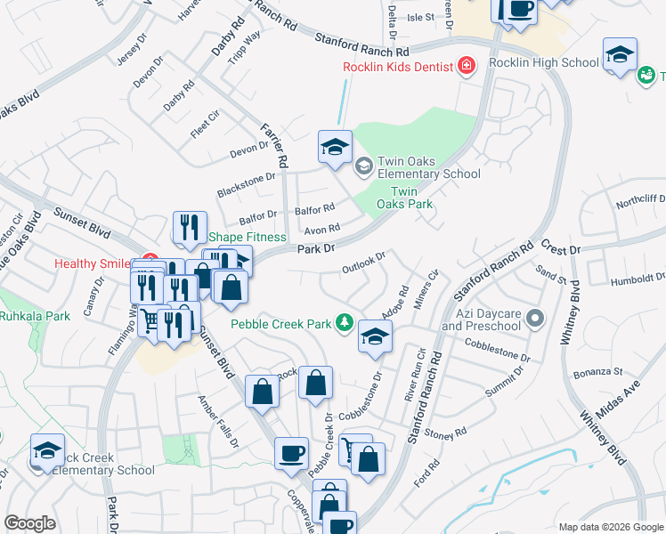 map of restaurants, bars, coffee shops, grocery stores, and more near 3223 Outlook Drive in Rocklin