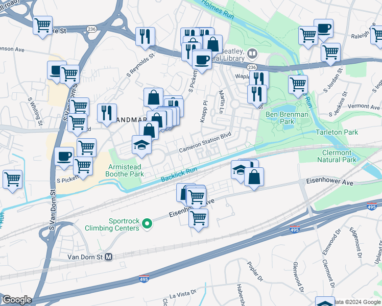 map of restaurants, bars, coffee shops, grocery stores, and more near 5245 Brawner Place in Alexandria