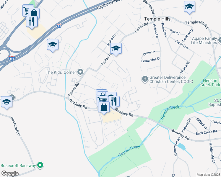 map of restaurants, bars, coffee shops, grocery stores, and more near 3130 Brinkley Road in Temple Hills