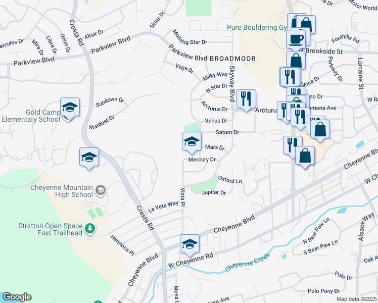 map of restaurants, bars, coffee shops, grocery stores, and more near 1100 Mercury Drive in Colorado Springs