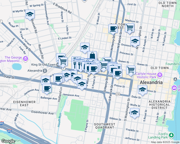 map of restaurants, bars, coffee shops, grocery stores, and more near 1321 King Street in Alexandria