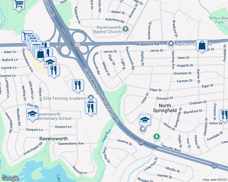 map of restaurants, bars, coffee shops, grocery stores, and more near 5308 Ravensworth Road in Springfield