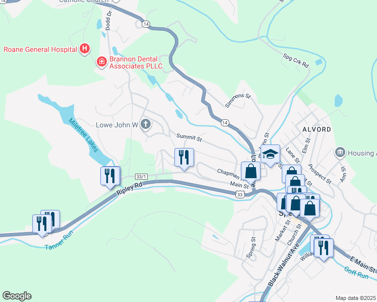 map of restaurants, bars, coffee shops, grocery stores, and more near 101-115 Summit Ln in Spencer