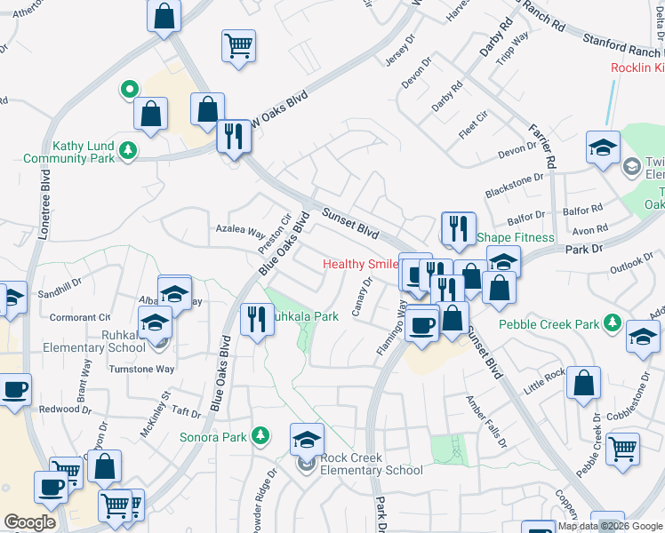 map of restaurants, bars, coffee shops, grocery stores, and more near 2194 Hannah Way in Rocklin