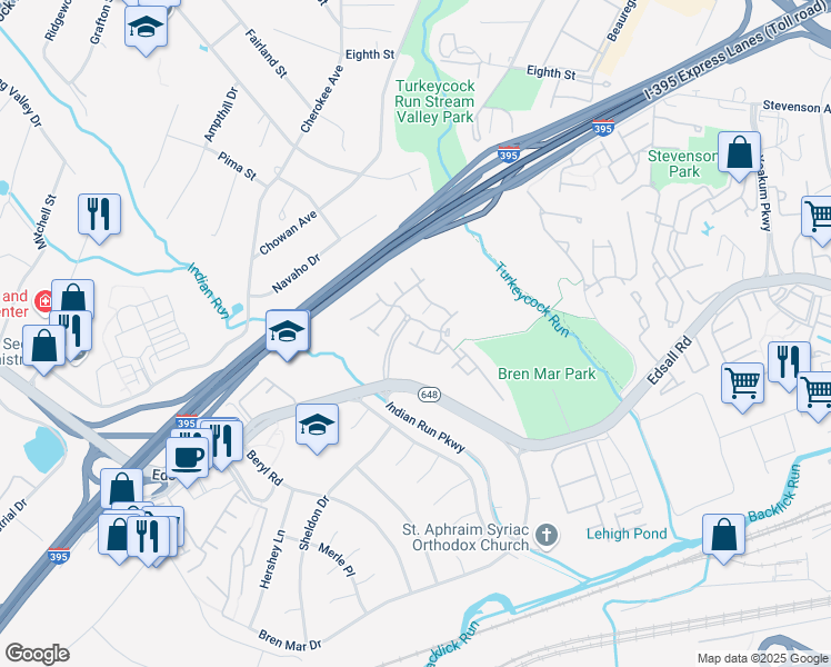 map of restaurants, bars, coffee shops, grocery stores, and more near 6332 Walking Lane in Alexandria