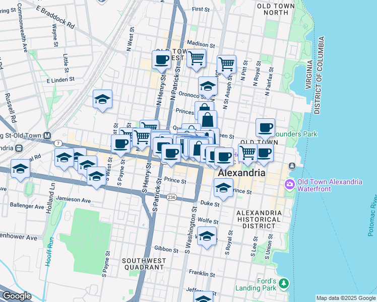 map of restaurants, bars, coffee shops, grocery stores, and more near 126 North Columbus Street in Alexandria