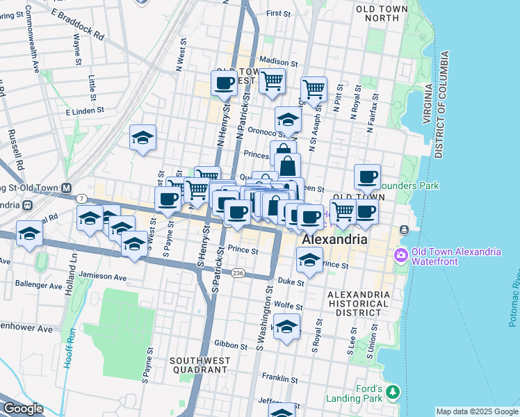 map of restaurants, bars, coffee shops, grocery stores, and more near 126 North Columbus Street in Alexandria