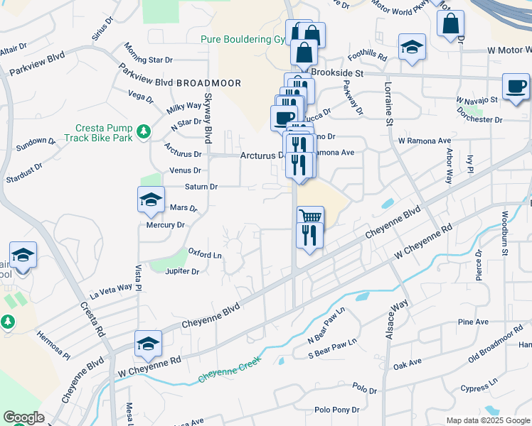 map of restaurants, bars, coffee shops, grocery stores, and more near 820 Oxford Lane in Colorado Springs