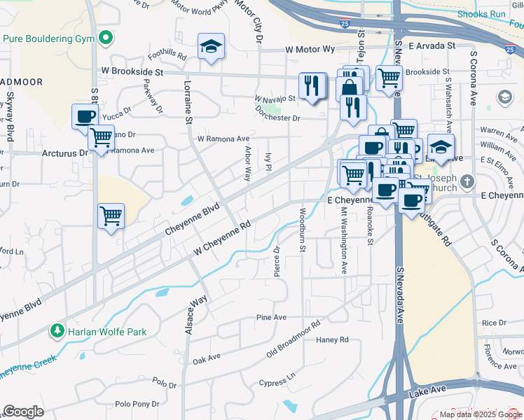 map of restaurants, bars, coffee shops, grocery stores, and more near 200 Cheyenne Boulevard in Colorado Springs