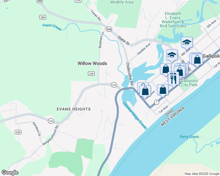 map of restaurants, bars, coffee shops, grocery stores, and more near 21 Portsmouth Road in Gallipolis