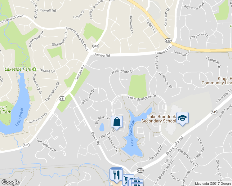 map of restaurants, bars, coffee shops, grocery stores, and more near 9533 Wallingford Drive in Burke