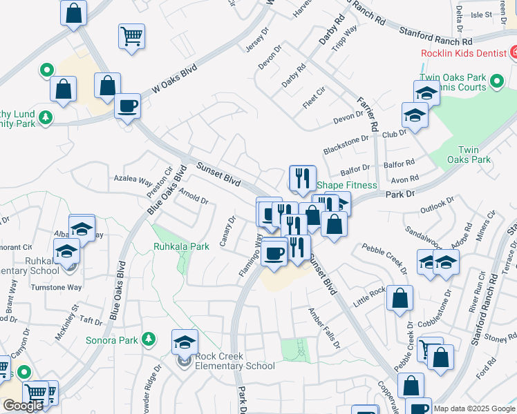 map of restaurants, bars, coffee shops, grocery stores, and more near 2407 Sammy Way in Rocklin