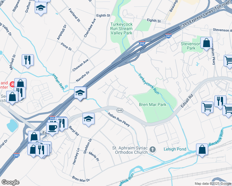 map of restaurants, bars, coffee shops, grocery stores, and more near 6332 Walking Lane in Alexandria
