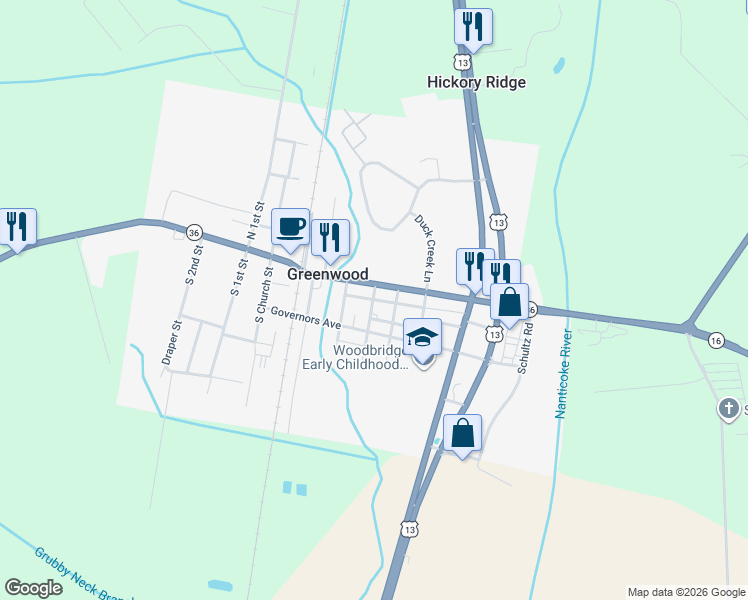 map of restaurants, bars, coffee shops, grocery stores, and more near 108 Market Street in Greenwood
