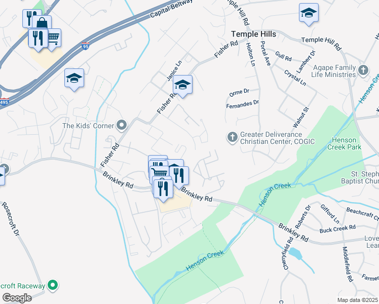 map of restaurants, bars, coffee shops, grocery stores, and more near 3138 Brinkley Road in Temple Hills