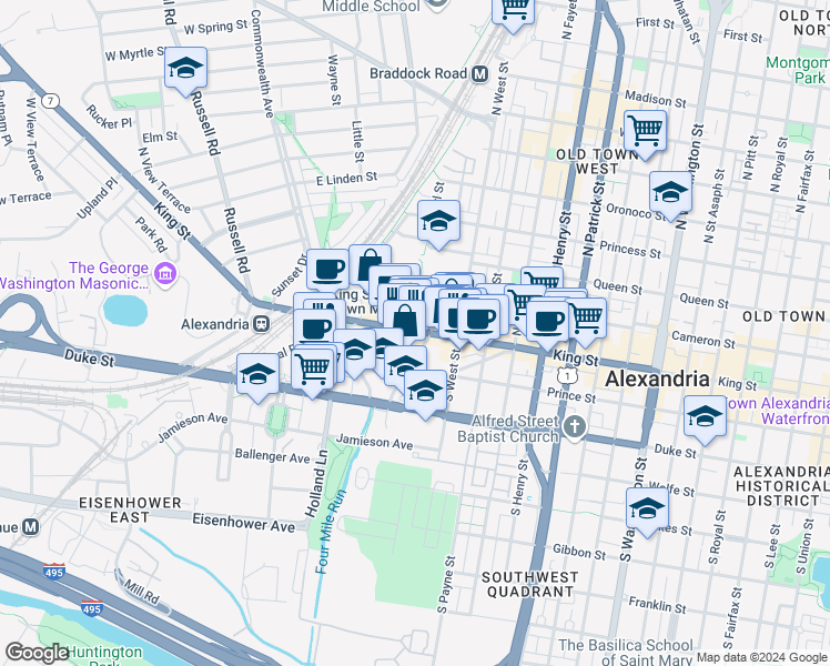 map of restaurants, bars, coffee shops, grocery stores, and more near 1506 King Street in Alexandria
