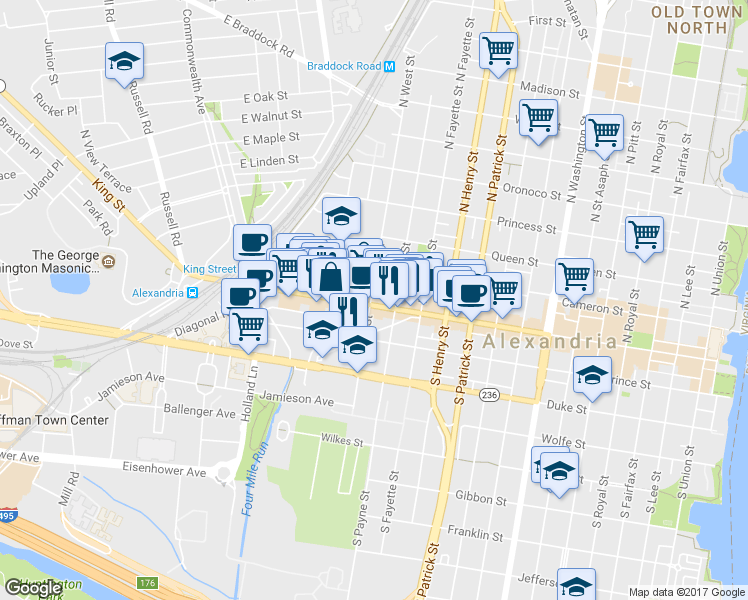 map of restaurants, bars, coffee shops, grocery stores, and more near 1321 King Street in Alexandria