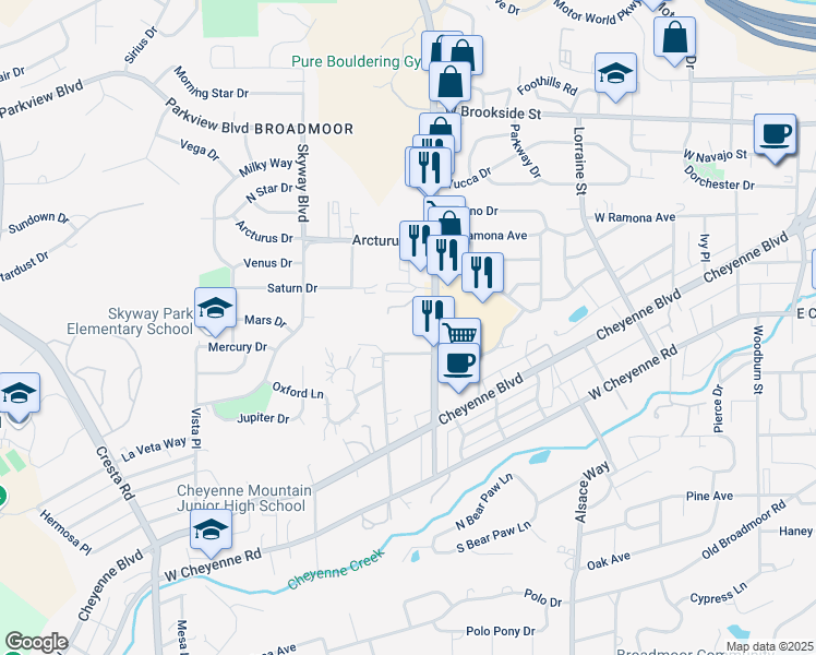 map of restaurants, bars, coffee shops, grocery stores, and more near 816 Oxford Lane in Colorado Springs