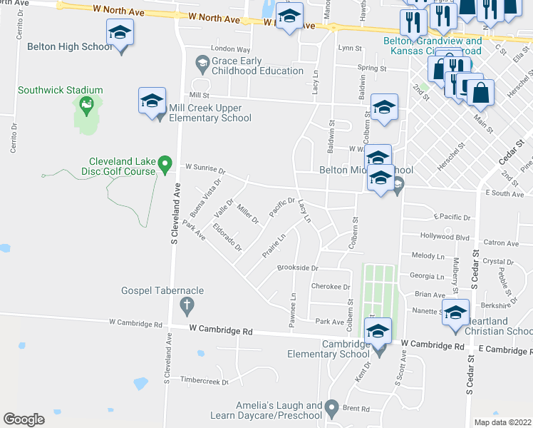 map of restaurants, bars, coffee shops, grocery stores, and more near 414 Pacific Drive in Belton