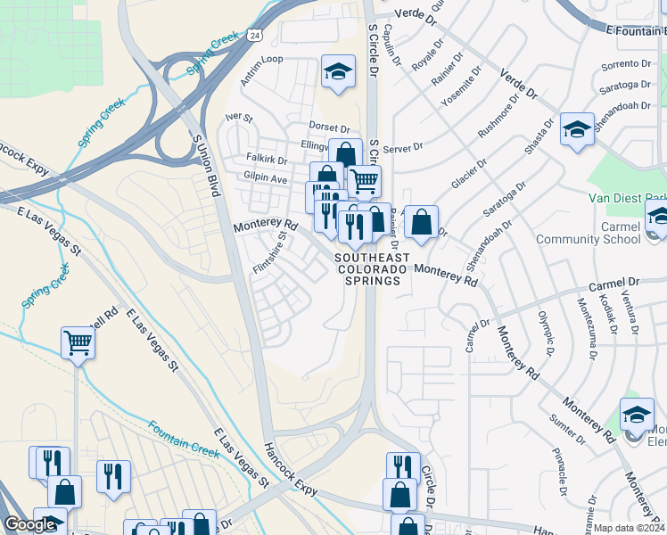 map of restaurants, bars, coffee shops, grocery stores, and more near 1647 Monterey Road in Colorado Springs